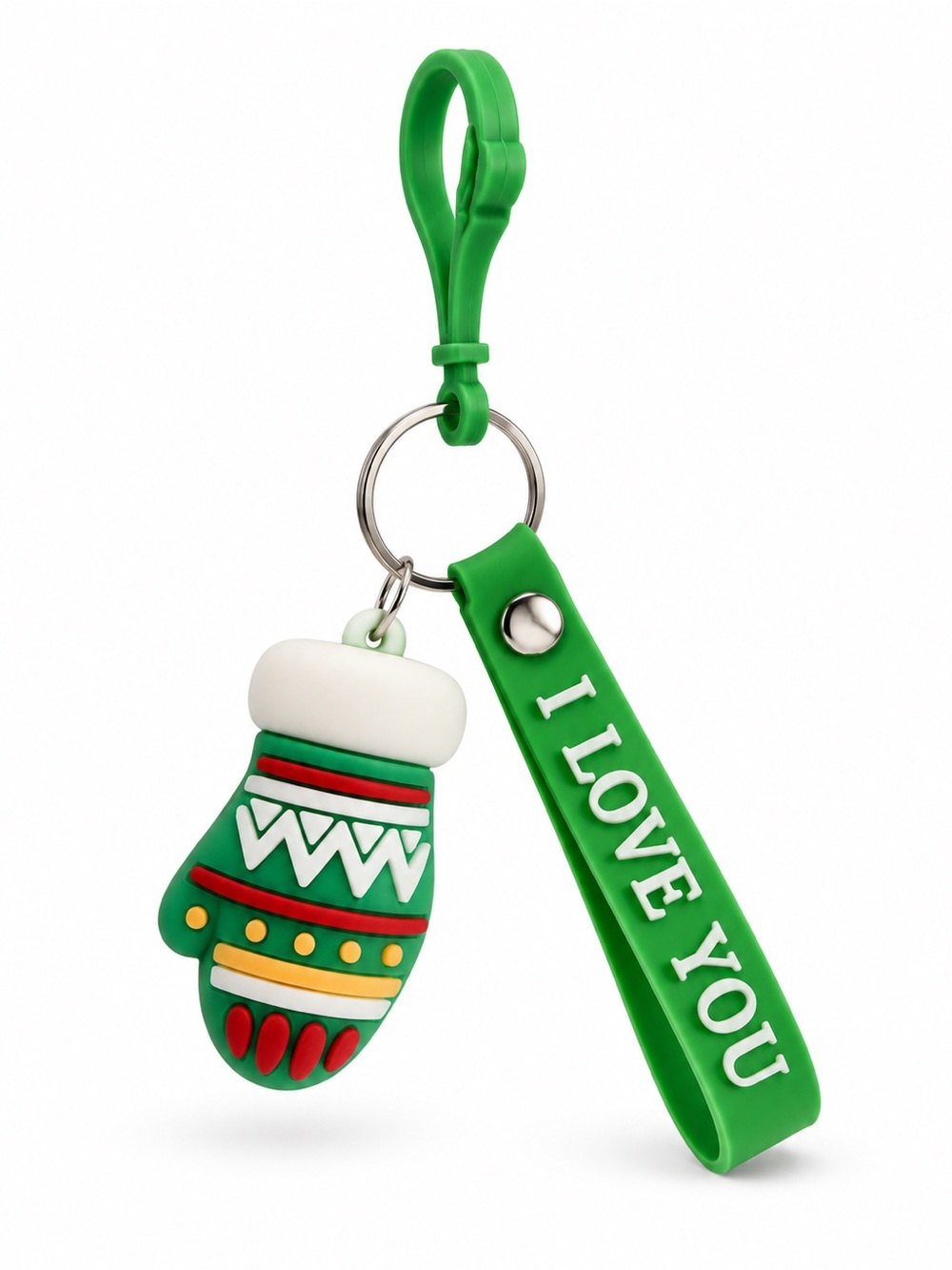 Green & White Christmas Mitten Rubber Coquette Glove 6" Keychain Key Bag Charm